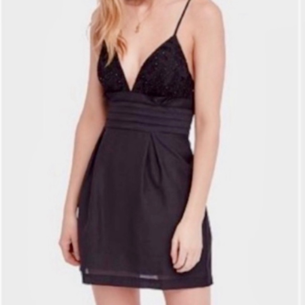 Women's Free People Short Black Beaded-Lace-Embroidered Dress